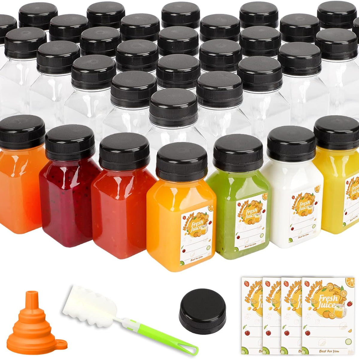 45pcs Juice Bottles with Caps, 4oz Plastic Containers with Lids Empty Reusable Clear Ginger Shots Bottles with Label, Funnel, and Brush Beverage for Juicing, Smoothies, Drinking, Fridge