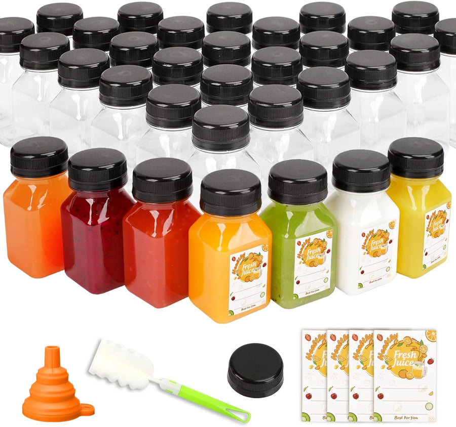 45pcs Juice Bottles with Caps, 4oz Plastic Containers with Lids Empty Reusable Clear Ginger Shots Bottles with Label, Funnel, and Brush Beverage for Juicing, Smoothies, Drinking, Fridge