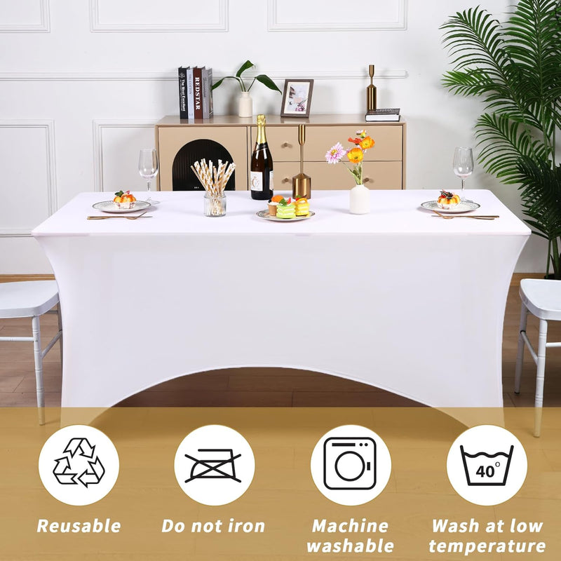 Fixwal 3 Pack White Table Cloths Rectangle 6FT, Tablecloths Rectangular Stretch Spandex Fitted Table Covers 6FT for Party, Trade Show, Banquet, Wedding, Buffet, Graduation Decoration