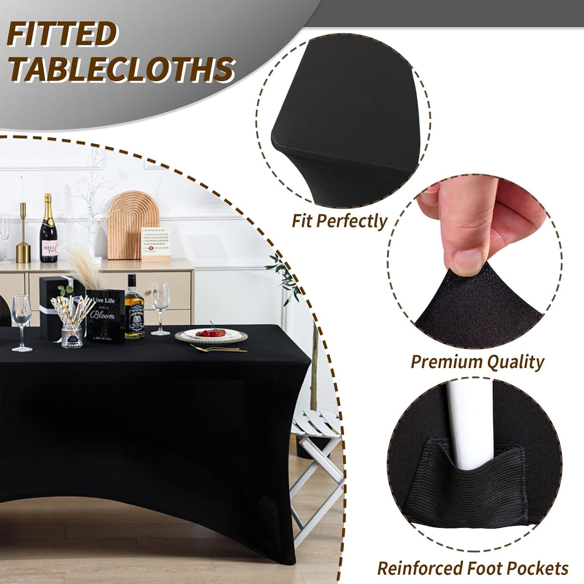 Fixwal 10 Pack 8Ft Black Table Cover, Spandex Fitted Tablecloths Rectangle, Wrinkle-Free and Stretch Folding Table Cloth for Banquet, Wedding, Party, Trade Show