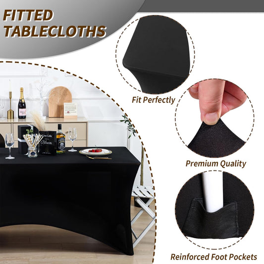 Fixwal 10 Pack 8Ft Black Table Cover, Spandex Fitted Tablecloths Rectangle, Wrinkle-Free and Stretch Folding Table Cloth for Banquet, Wedding, Party, Trade Show