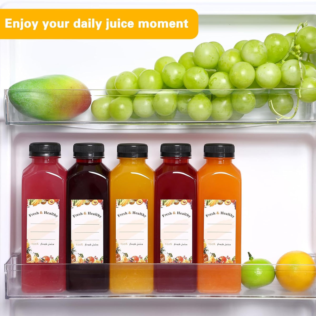 Moretoes 12pcs 16oz Plastic Juice Bottles with Caps, Reusable Juicing Bottles, Clear Empty Containers for Drinks, Smoothies and Other Beverages