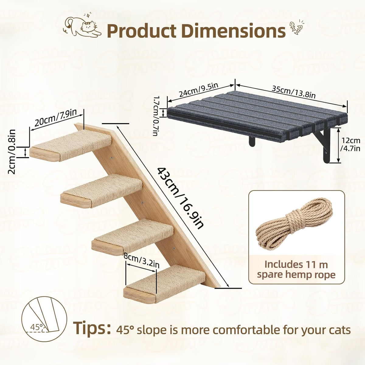 Superlele Cat Wall Shelves Set, 3 Pcs Modern Wood Cat Climbing Stairs with Large Perch Platform, 4-Step Wall Mounted Furniture for Indoor Cats, Sturdy Walkway for Playing Sleeping Exercise
