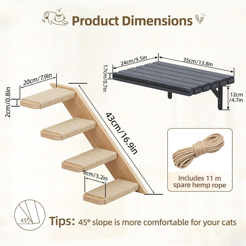 Superlele Cat Wall Shelves Set, 3 Pcs Modern Wood Cat Climbing Stairs with Large Perch Platform, 4-Step Wall Mounted Furniture for Indoor Cats, Sturdy Walkway for Playing Sleeping Exercise