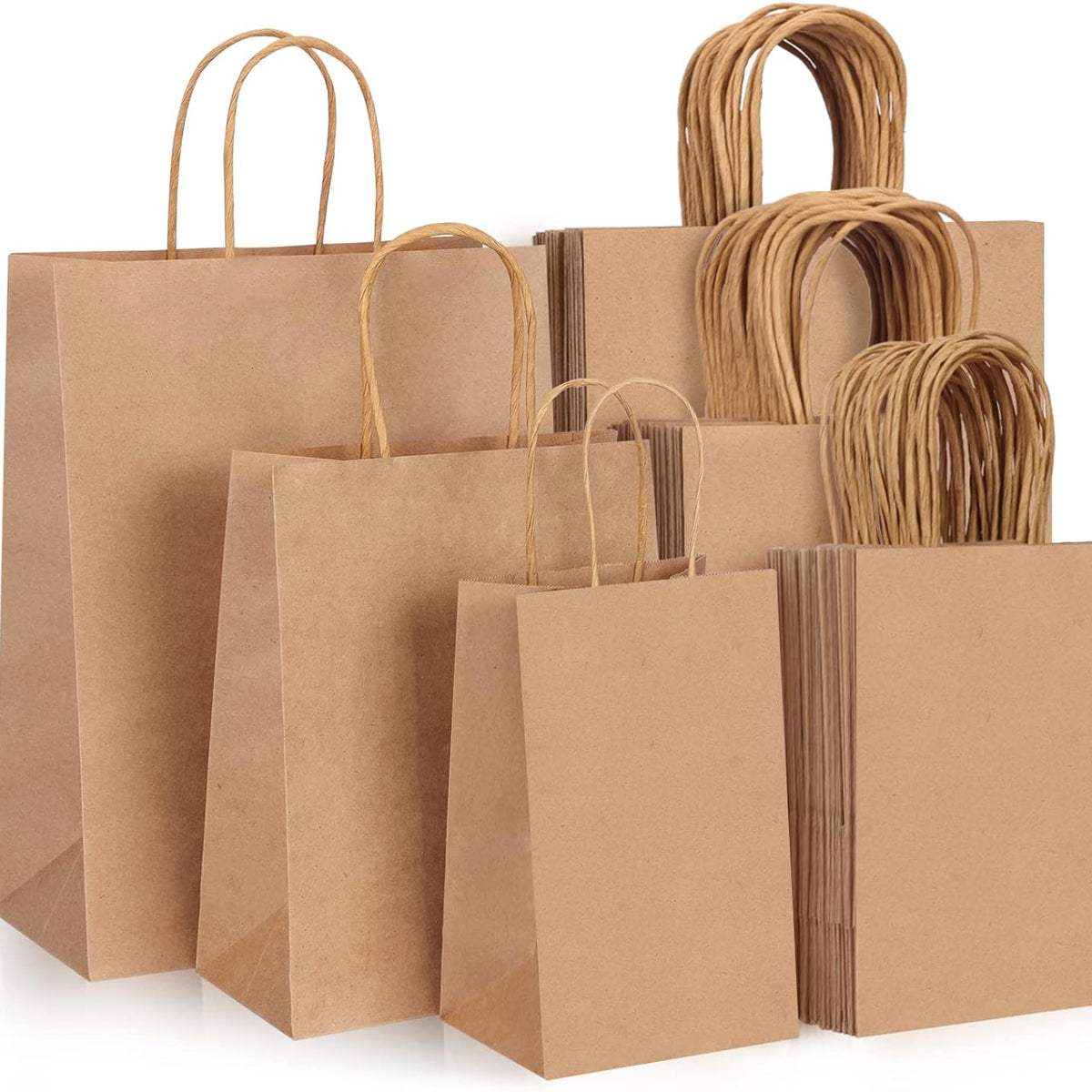 Moretoes 75pcs Paper Bags, (8-10-12inch) Assorted Sizes Brown Paper Bags with Handles for Small Business, Shopping, Retail, Party,
