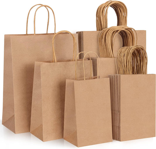 Moretoes 75pcs Paper Bags, (8-10-12inch) Assorted Sizes Brown Paper Bags with Handles for Small Business, Shopping, Retail, Party,