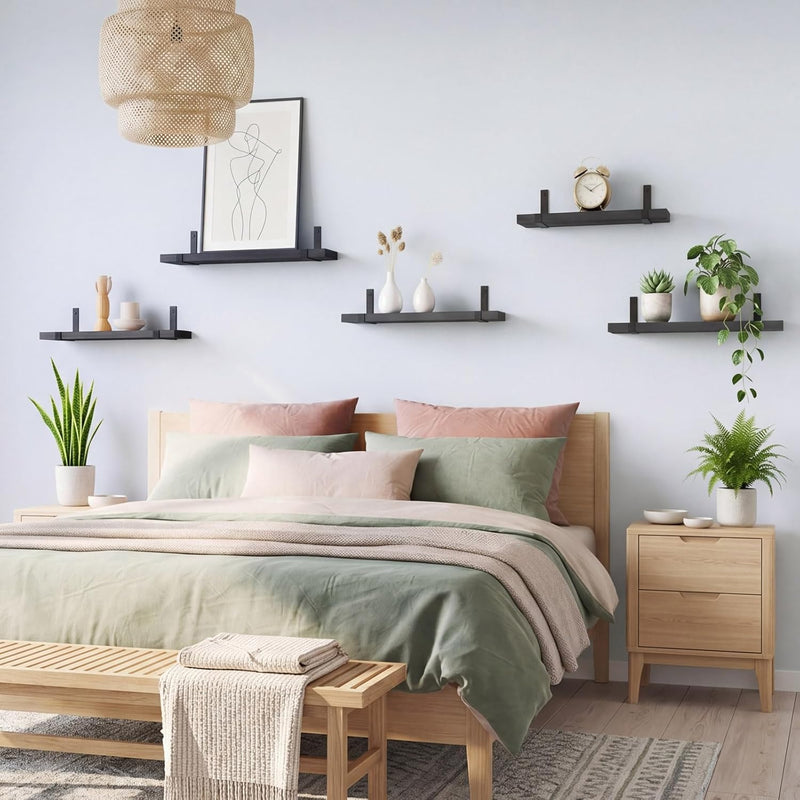 Fixwal Floating Shelves for Wall, Black Shelves Wall Mounted, Rustic Wood Wall Storage Shelves for Bedroom, Living Room, Kitchen, Bathroom, Home Decor (Set of 5 Black)