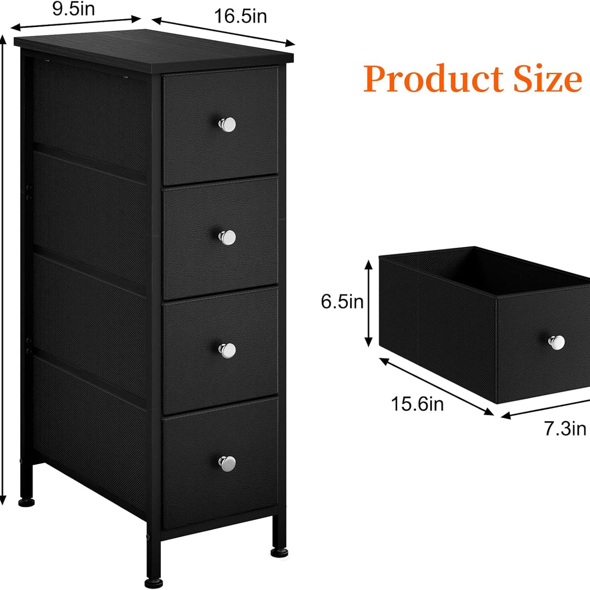Narrow Storage Cabinet, Small Dresser with 4 Drawers, Slim Fabric Dresser Storage for Small Spaces, Black Dresser Nightstand Side Table for Bedroom,
