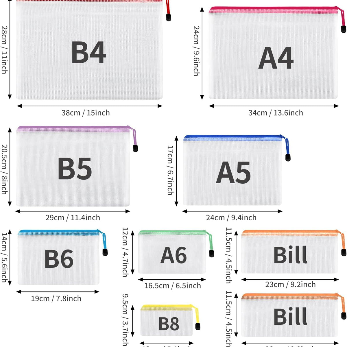 30pcs Mesh Zipper Pouch Bags, 8 Sizes Plastic Zipper Bags, 8 Colors Waterproof Zipper Pouches for Organization, Multipurpose for Travel, School Supplies, Office Appliances and Home Organization