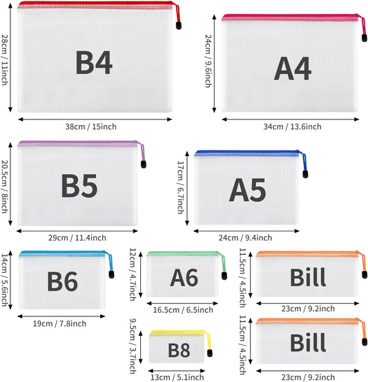 30pcs Mesh Zipper Pouch Bags, 8 Sizes Plastic Zipper Bags, 8 Colors Waterproof Zipper Pouches for Organization, Multipurpose for Travel, School Supplies, Office Appliances and Home Organization