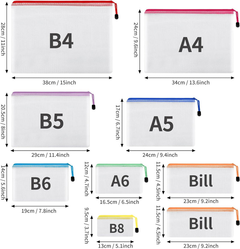 30pcs Mesh Zipper Pouch Bags, 8 Sizes Plastic Zipper Bags, 8 Colors Waterproof Zipper Pouches for Organization, Multipurpose for Travel, School Supplies, Office Appliances and Home Organization