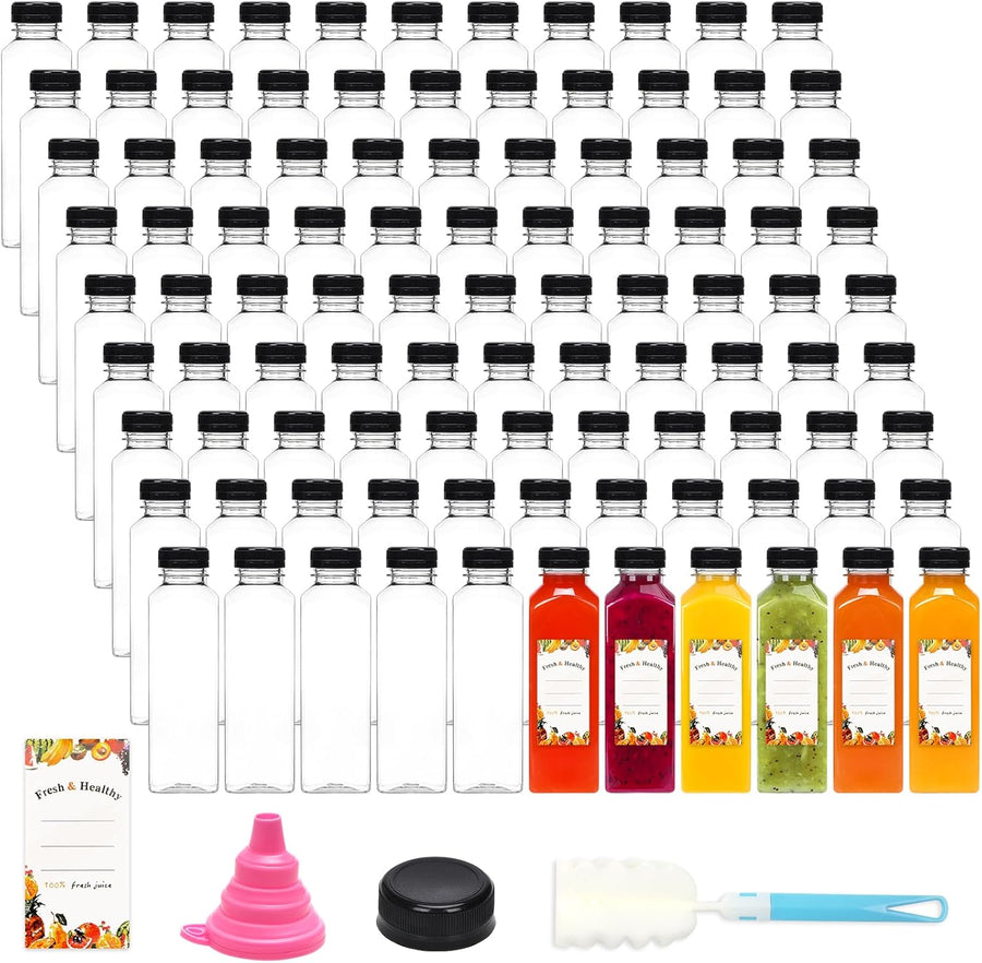160pcs 16oz Plastic Juice Bottles with Caps, Clear Empty Reusable Bottles with Brush Funnel and Labels for Smoothies and Other Beverages
