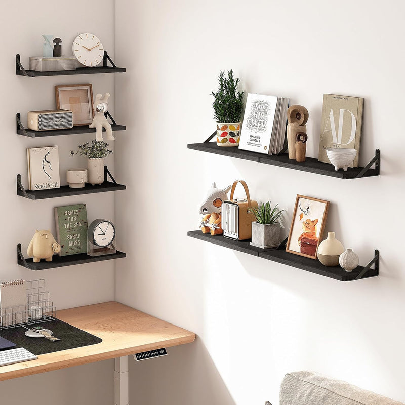 Fixwal Floating Shelves, Width 4.75in Rustic Wood Wall Shelves Set of 8, Wall Storage Shelves for Bedroom, Living Room, Kitchen, Bathroom, Office and Plants (Black)