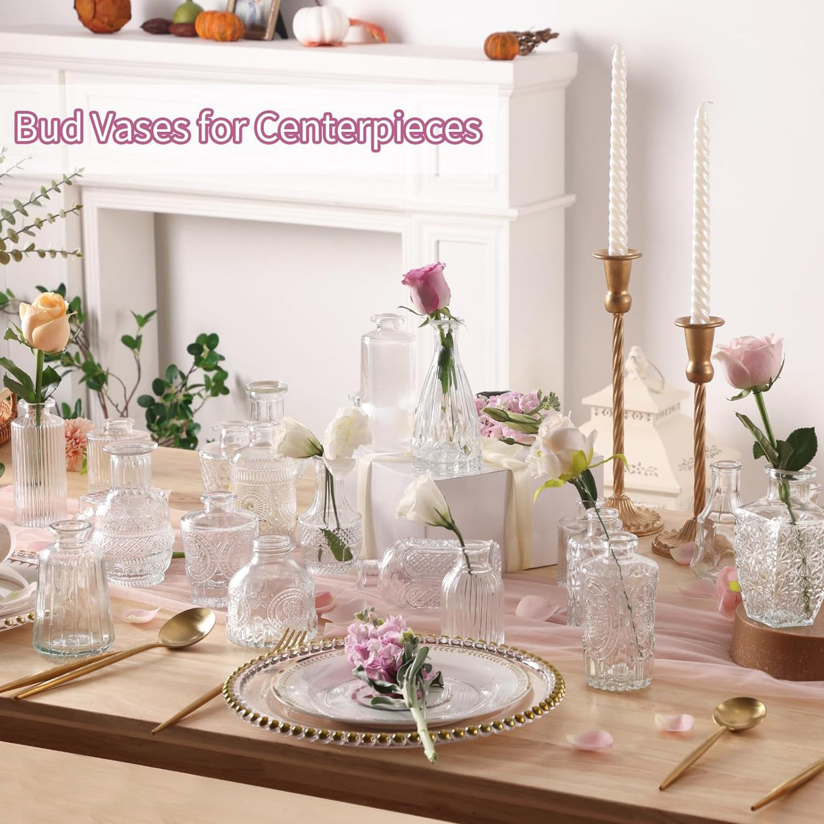 24 Small, Glass Bud Vase Set for Flowers in Bulk for Rustic Wedding Decorations Vintage Look Home Table Decor, Centerpieces, Clear
