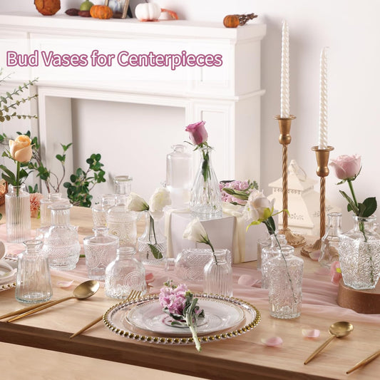24 Small, Glass Bud Vase Set for Flowers in Bulk for Rustic Wedding Decorations Vintage Look Home Table Decor, Centerpieces, Clear