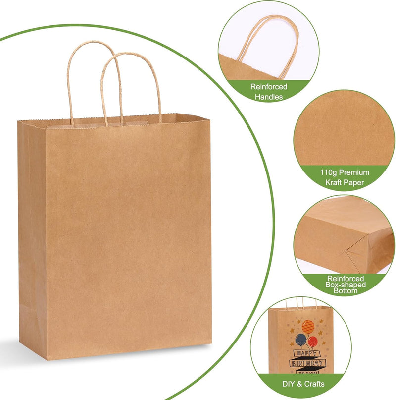 Moretoes 100pcs Paper Gift Bags 10x5x13 Inches Brown Kraft Paper Bags with Handles Bulk for Shopping, Retail, Small Business, Birthday Wedding Party Favor, Merchandise