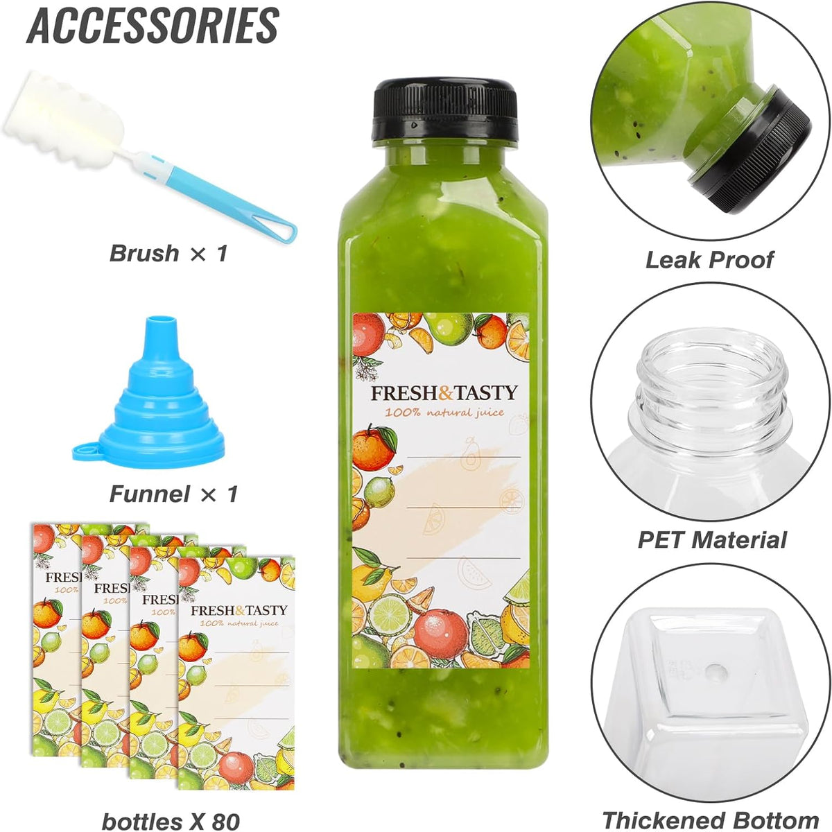 80pcs Juice Bottles, 16oz Reusable Plastic Juice Bottles with Caps and Labels, Funnel, Brush Beverage Containers for Juicing, Smoothies, Tea, Milk