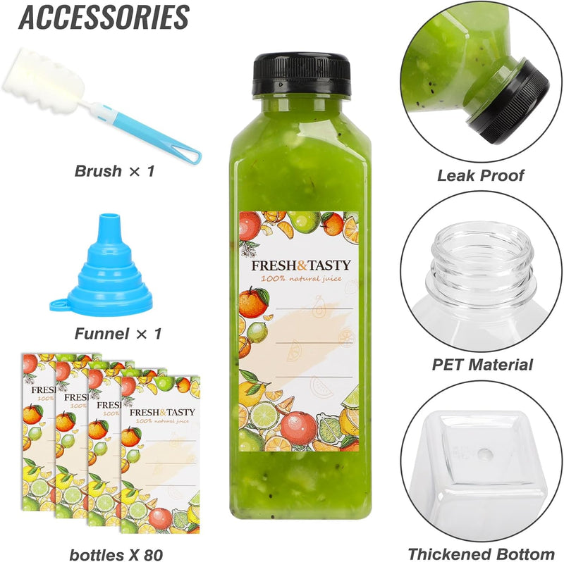 80pcs Juice Bottles, 16oz Reusable Plastic Juice Bottles with Caps and Labels, Funnel, Brush Beverage Containers for Juicing, Smoothies, Tea, Milk