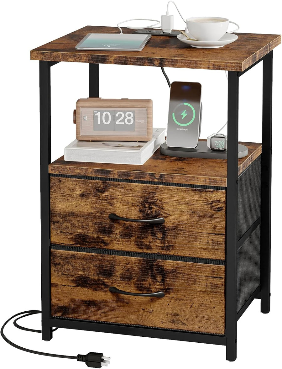 Rustic Brown Night Stand with Charger Station, Nightstand with Charging Station & Fabric Drawers