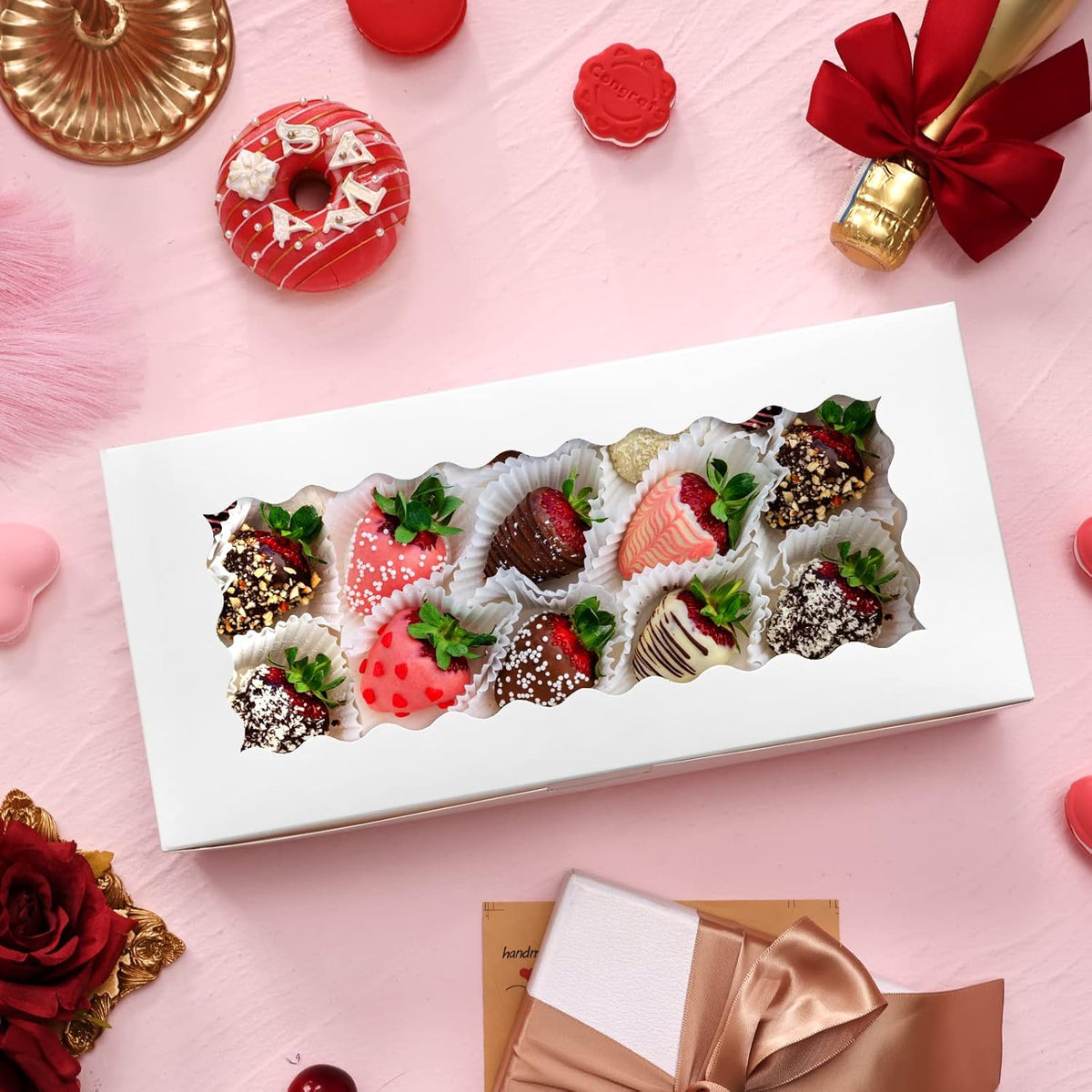 Moretoes 30pcs Auto-Popup Cookie Boxes, 12x5.5x2.5 Inch White Bakery Box with Window for Treats, Chocolate Covered Strawberry, Donuts, Pastries, Cake Pop