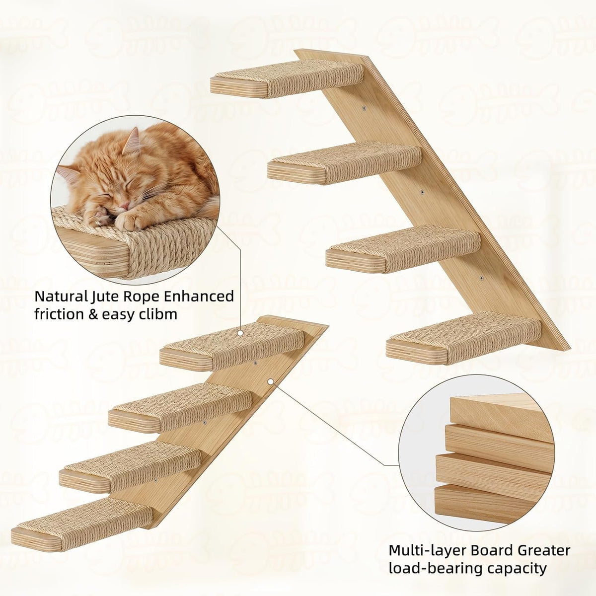 Superlele Cat Wall Shelves 2-Piece Set, 4-Tier Wall Mounted Cat Climbing Stairs with Sisal Scratching Surface, Wooden Steps for Indoor Cats to Play & Scratch, Space-Saving Perch Furniture