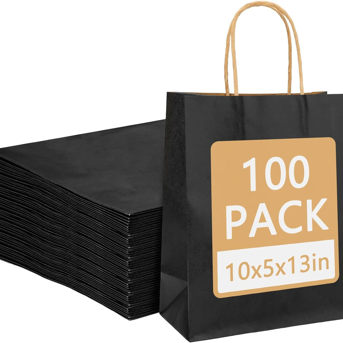 100pcs Paper Gift Bags 10x5x13 Inches Black Kraft Paper Bags with Handles Bulk for Shopping, Retail, Small Business, Birthday Wedding Party Favor, Merchandise
