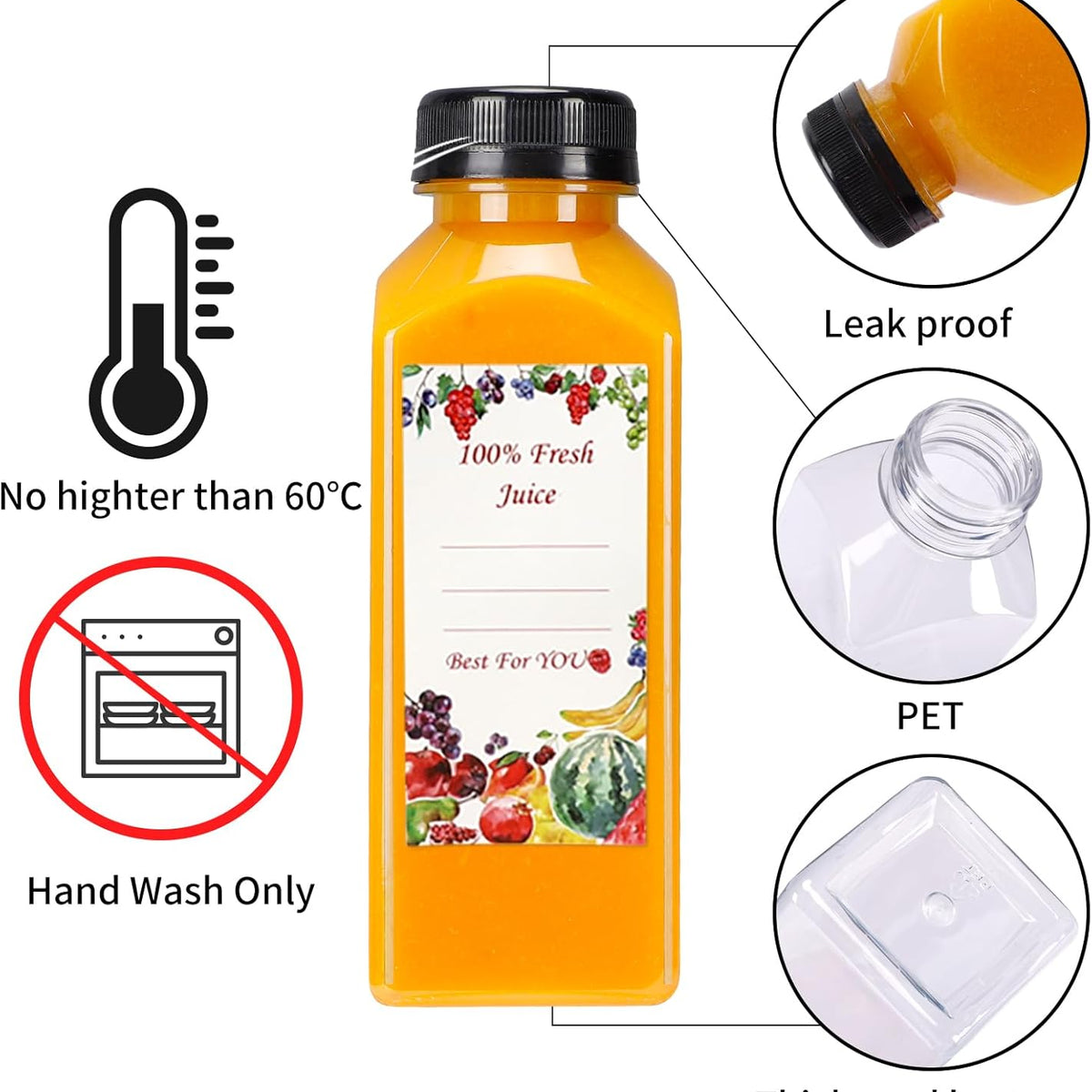 20pcs 12oz Plastic Juice Bottles with Caps, Reusable Juicing Bottles, Clear Drink Containers with Lids for Juicing, Smoothie and Other Beverages