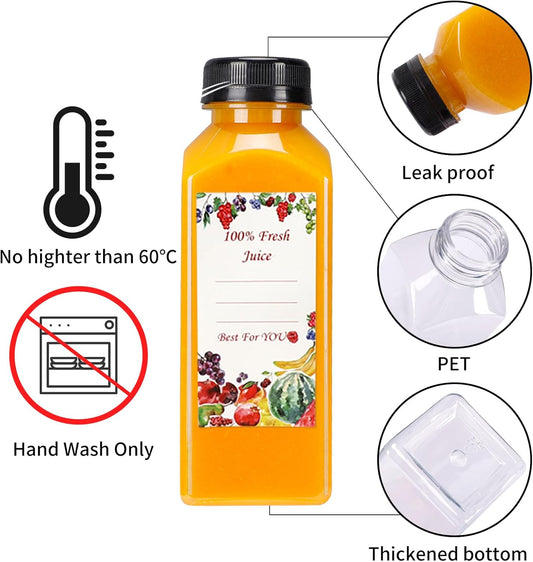 20pcs 12oz Plastic Juice Bottles with Caps, Reusable Juicing Bottles, Clear Drink Containers with Lids for Juicing, Smoothie and Other Beverages