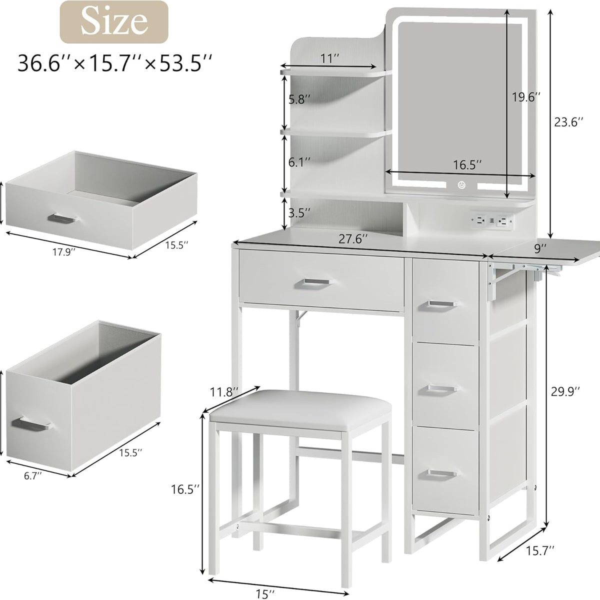 Makeup Vanity Desk with Mirror and Lights, 36.6" Small Makeup Vanity with 4 Fabric Storage Drawer & Chair & Shelves, White Vanity with Fold-up Panel and Power Outlet for Bedroom