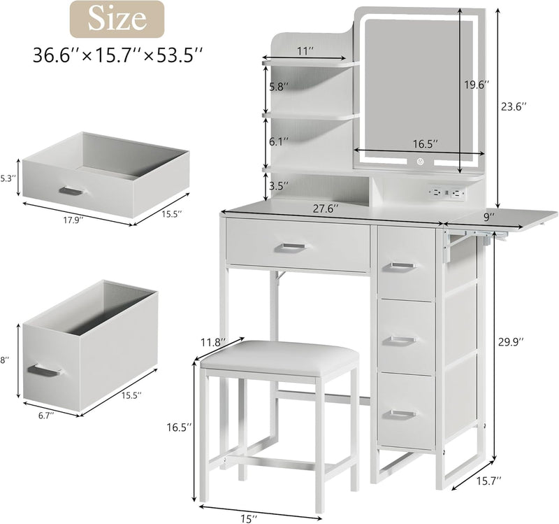 Makeup Vanity Desk with Mirror and Lights, 36.6" Small Makeup Vanity with 4 Fabric Storage Drawer & Chair & Shelves, White Vanity with Fold-up Panel and Power Outlet for Bedroom