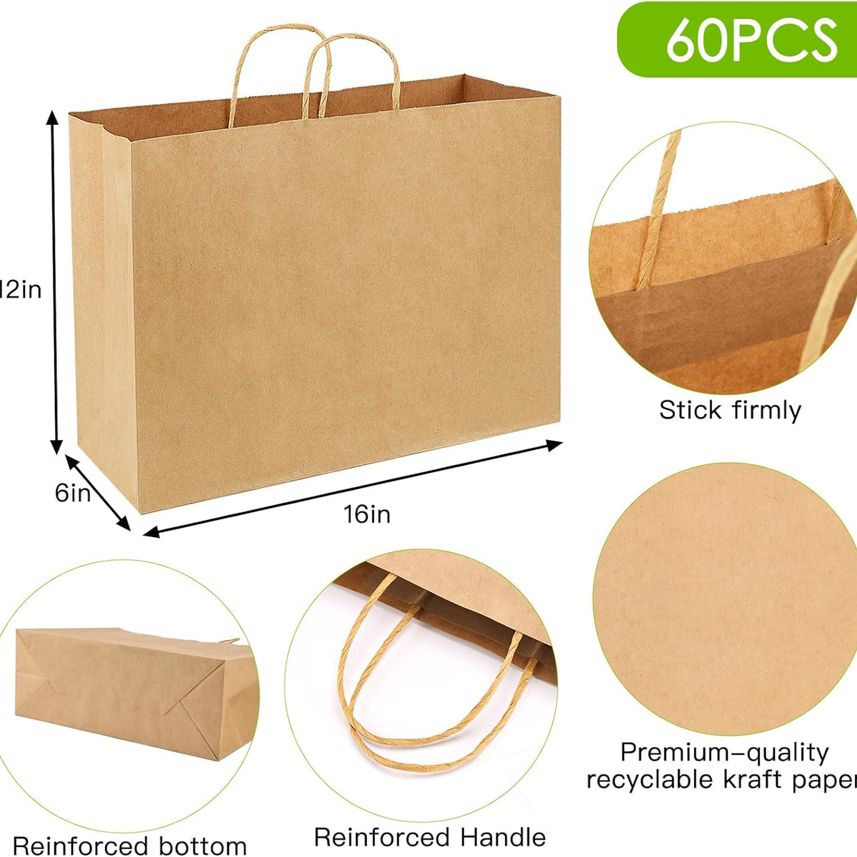 Moretoes 60pcs 16x6x12 Inches Paper Bags with Handles Bulk Large Gift Bags with Handles Brown Paper Bags for Grocery, Merchandise, Gifts