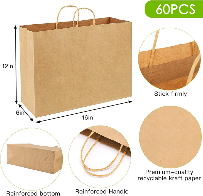 Moretoes 60pcs 16x6x12 Inches Paper Bags with Handles Bulk Large Gift Bags with Handles Brown Paper Bags for Grocery, Merchandise, Gifts
