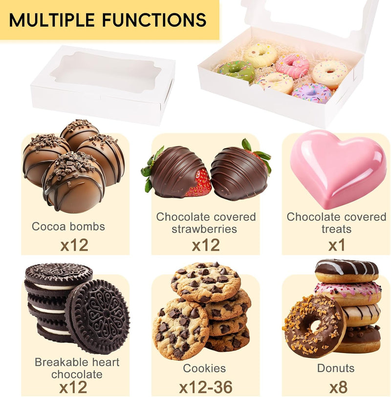 80pcs Cookie Boxes with Window, 12x8x2.5 Inches 4 Style Bakery Boxes, Large White Treat Containers for Chocolate Strawberries, Cakes, Donuts, Muffins and Pastries