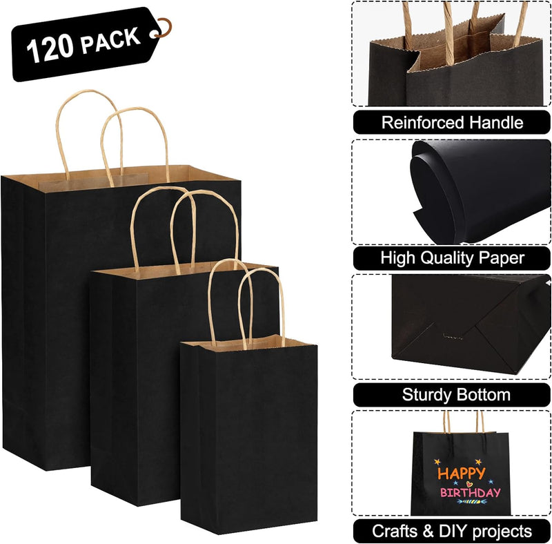 120pcs Black Paper Bags with Handles Mixed Size Bulk Kraft Paper Gift Bags for Business, Shopping, Retail, Merchandise