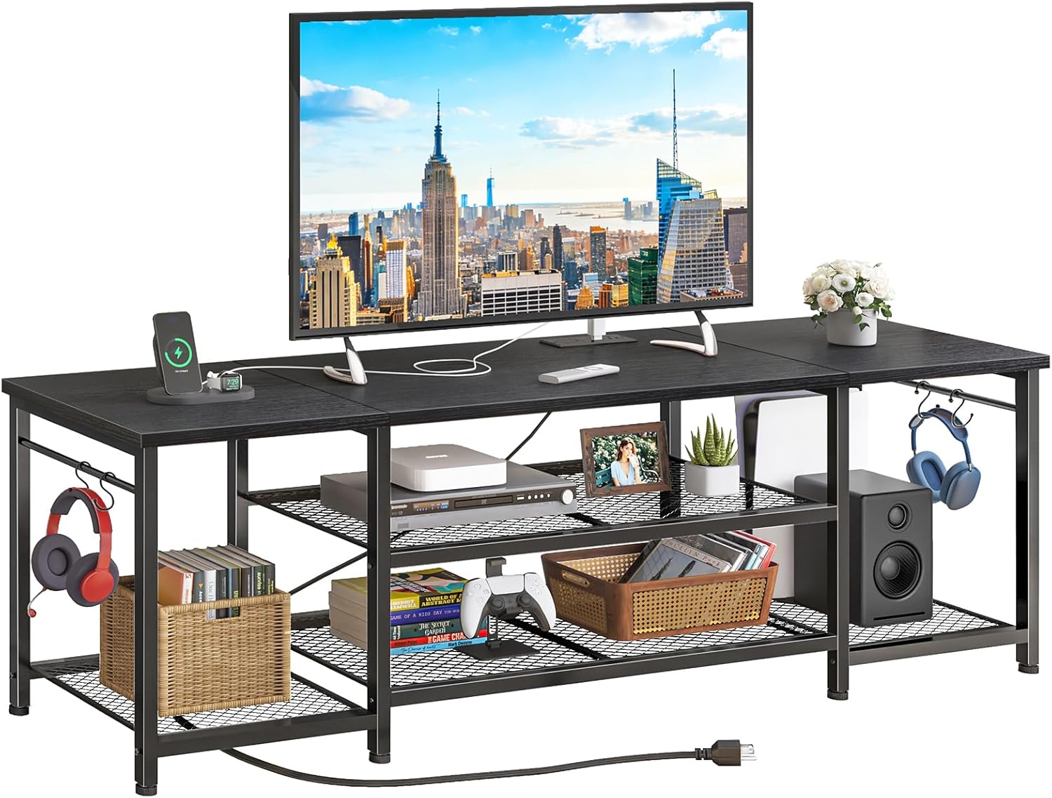 TV Stand for Up to 75 Inch TVs, Entertainment Center with Power Outlet and Open Storage Shelves, TV Media Console Table for Living Room and Bedroom, Black