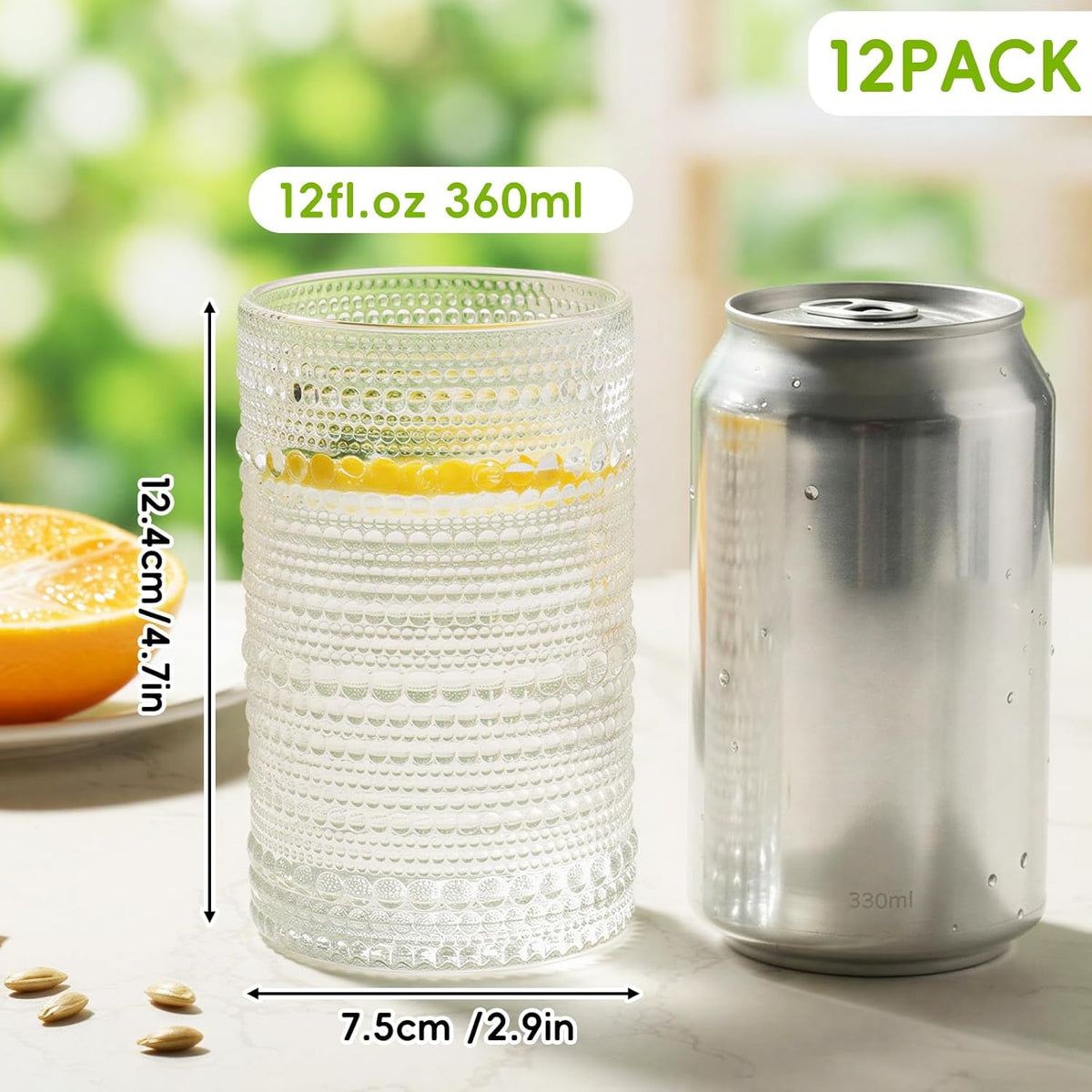 Moretoes Hobnail Drinking Glasses Set of 12,12 Oz Clear Highball Glasses Cups Vintage Kitchen Bar Tumbler Glassware Set for Whiskey, Beer, Juice, Milk and Various Mixed Drinks