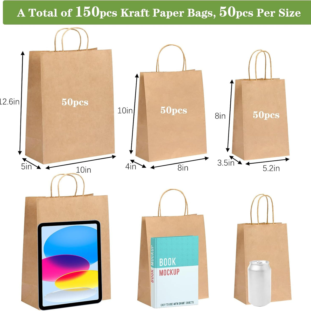 Moretoes 150pcs Brown Paper Bags, (8/10/12.6 Inches) 50 Per Size Kraft Paper Gift Bags with Handles Bulk, Assorted Sizes for Small Business, Shopping, Retail, Gift