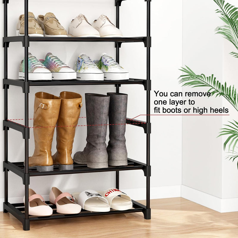 Fixwal 10-Tier Shoe Rack: Tall Narrow Metal Shelf with Hooks - Black, Holds 20-24 Pairs of Shoes and Boots for Closet, Entryway, Bedroom