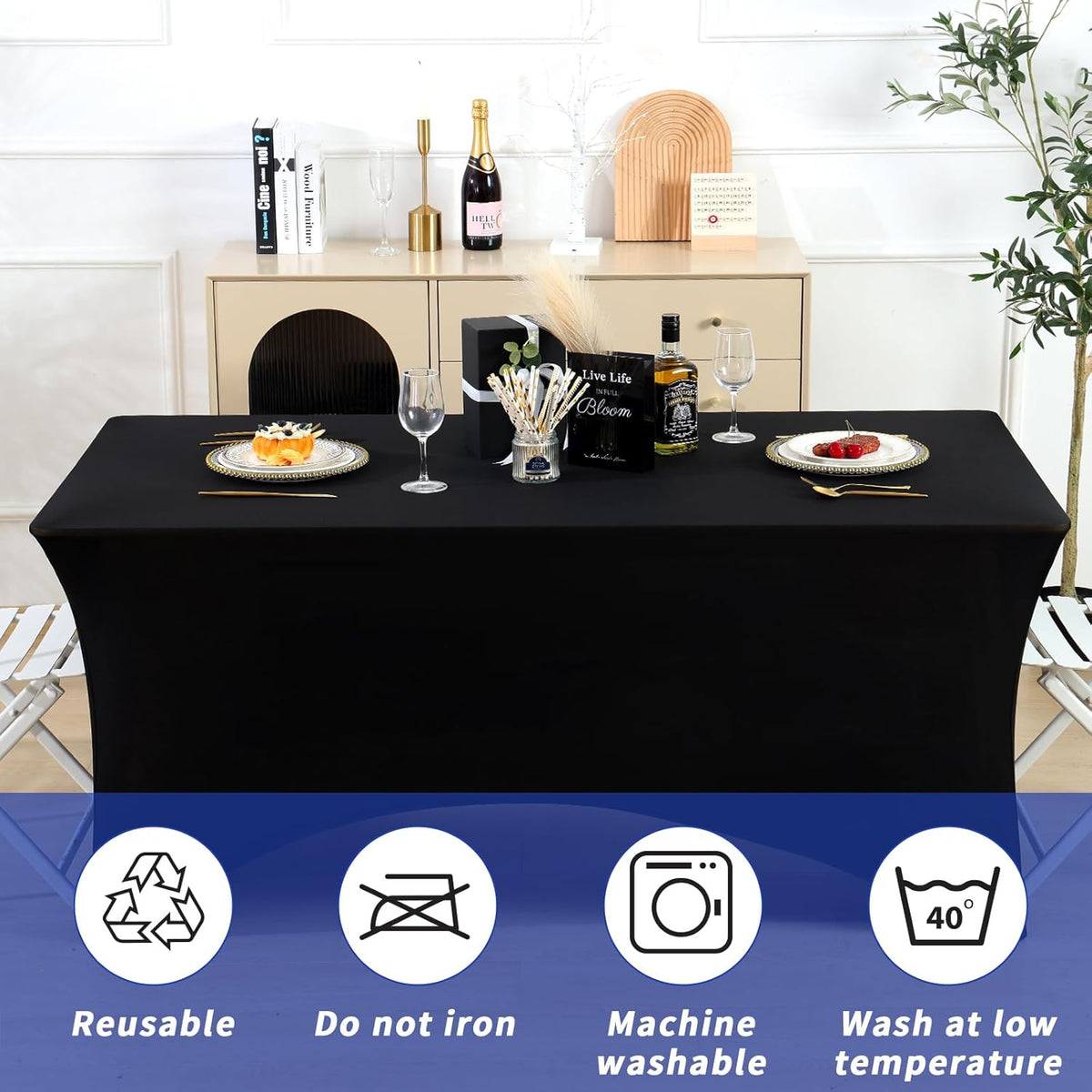 Fixwal 3 Pack Black Tablecloth Rectangle 8Ft, Stretch Spandex Fitted Table Cover for Party, Trade Show, Wedding, Buffet, Graduation, Vendor Stand