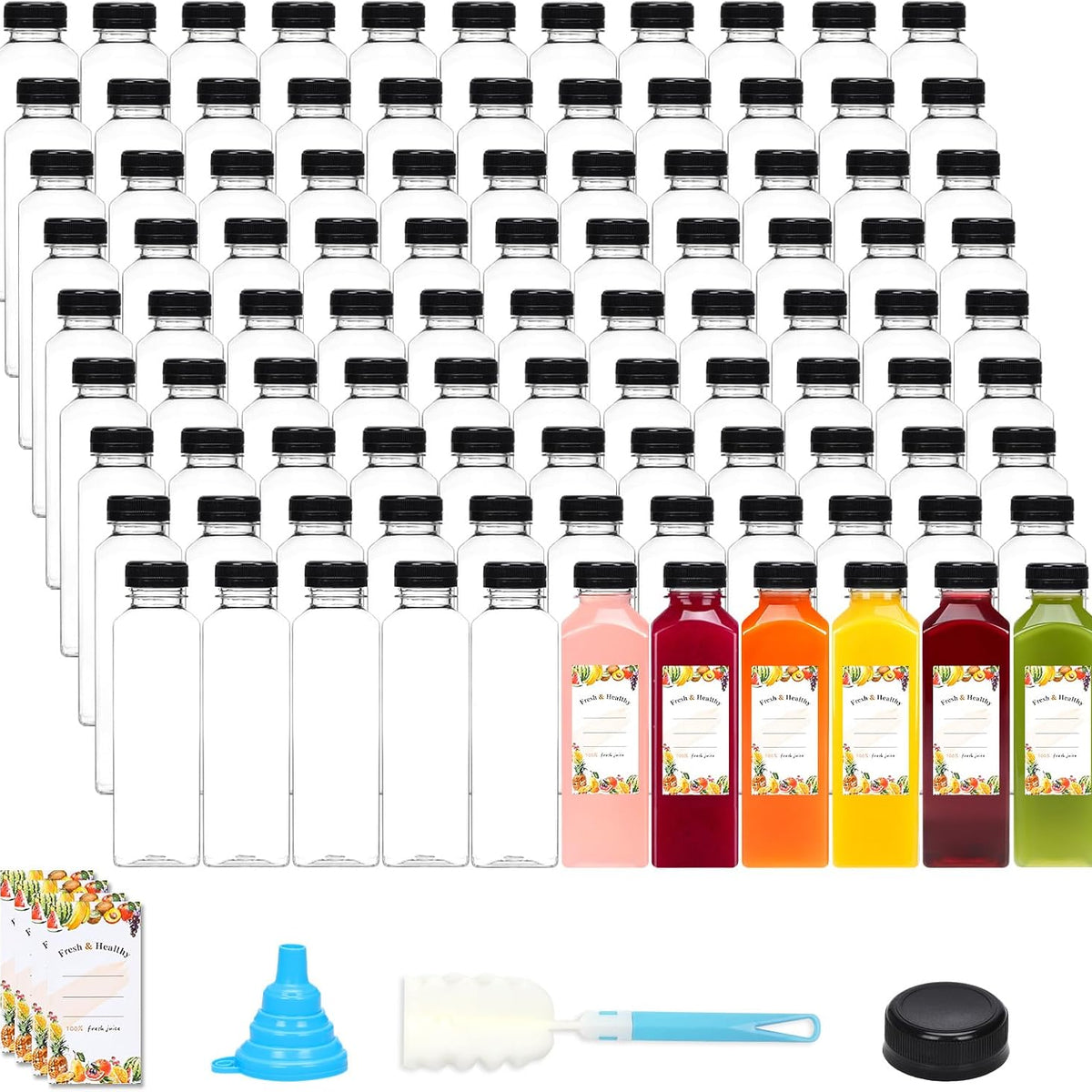 Moretoes 200pcs 16oz Plastic Juice Bottles with Caps, Clear Empty Reusable Water Bottles, Disposable Beverage Containers Bulk for Juicing Smoothies Turmeric Juice Milk and Other Beverages