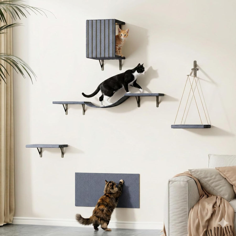 5-in-1 Cat Wall Shelves Set, Premium Solid Wood for Stable & Safe, Space Saving Wall Mounted Cat Perch & Steps for Indoor Cats, Modern Wood Cat Walkway, with Interactive Cat Swing