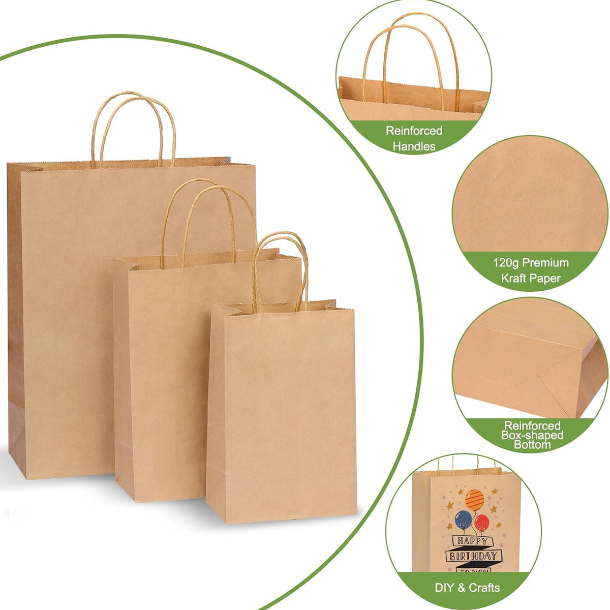 Moretoes 150pcs Brown Paper Bags, (8/10/12.6 Inches) 50 Per Size Kraft Paper Gift Bags with Handles Bulk, Assorted Sizes for Small Business, Shopping, Retail, Gift