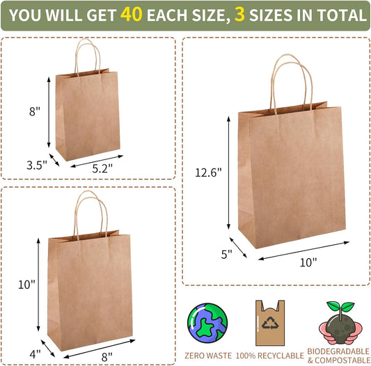 120pcs Brown Paper Bags with Handles Assorted Sizes Mixed Sizes Bulk Kraft Paper Gift Bags for Business, Shopping, Retail