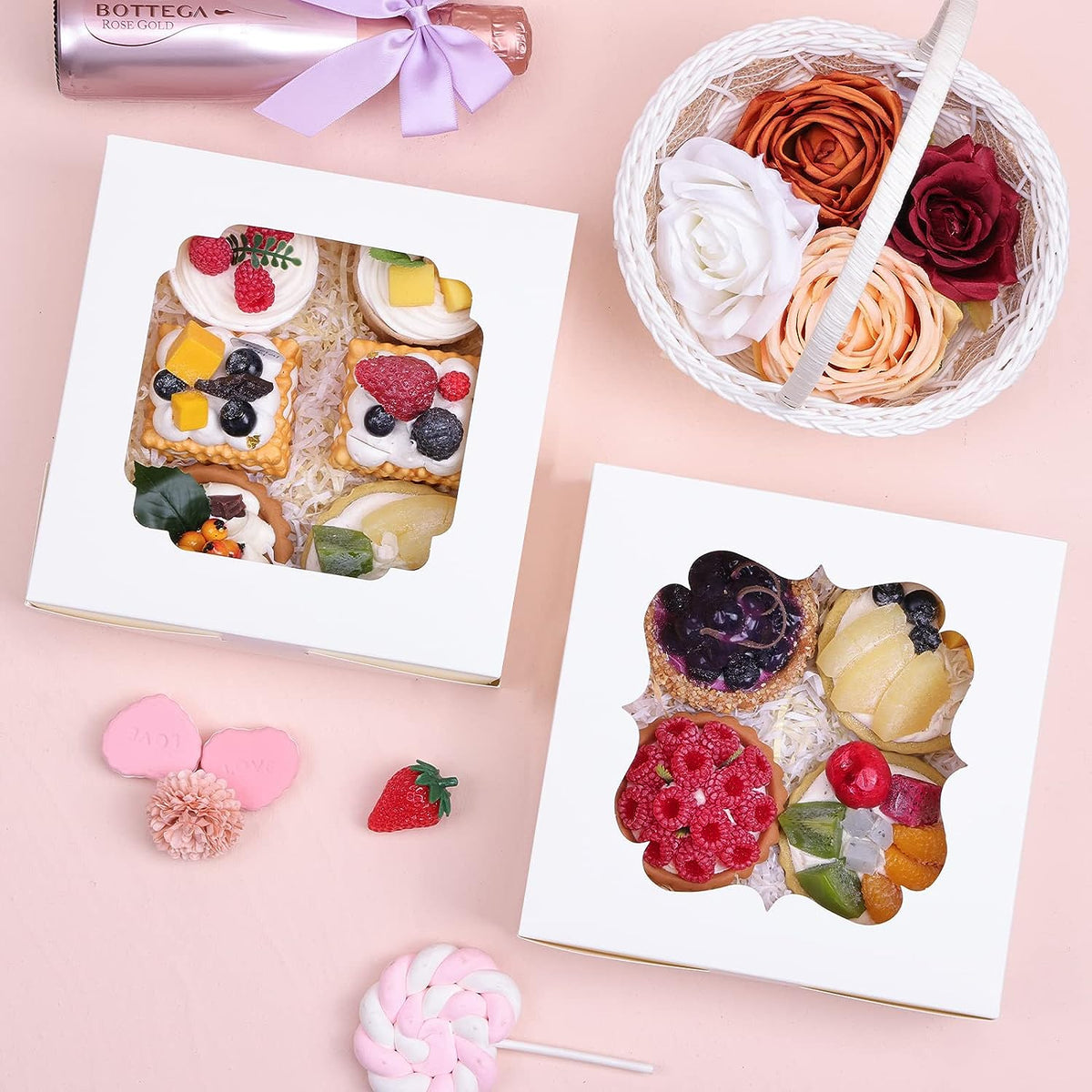 60pcs Cookie Boxes, 8x8x2.5 Inches Bakery Boxes with 2 Style Windows for Chocolate Strawberries, Pie, Pastry, Dessert, Cake, Birthday Party, Mother's Day, Weddings