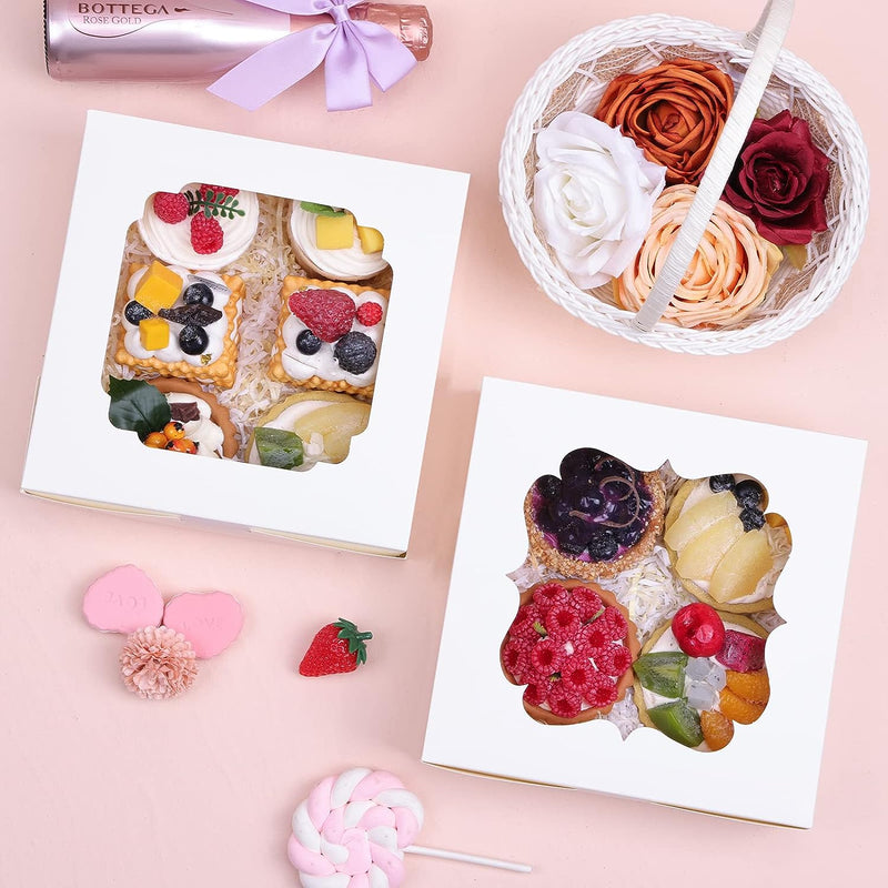 60pcs Cookie Boxes, 8x8x2.5 Inches Bakery Boxes with 2 Style Windows for Chocolate Strawberries, Pie, Pastry, Dessert, Cake, Birthday Party, Mother's Day, Weddings