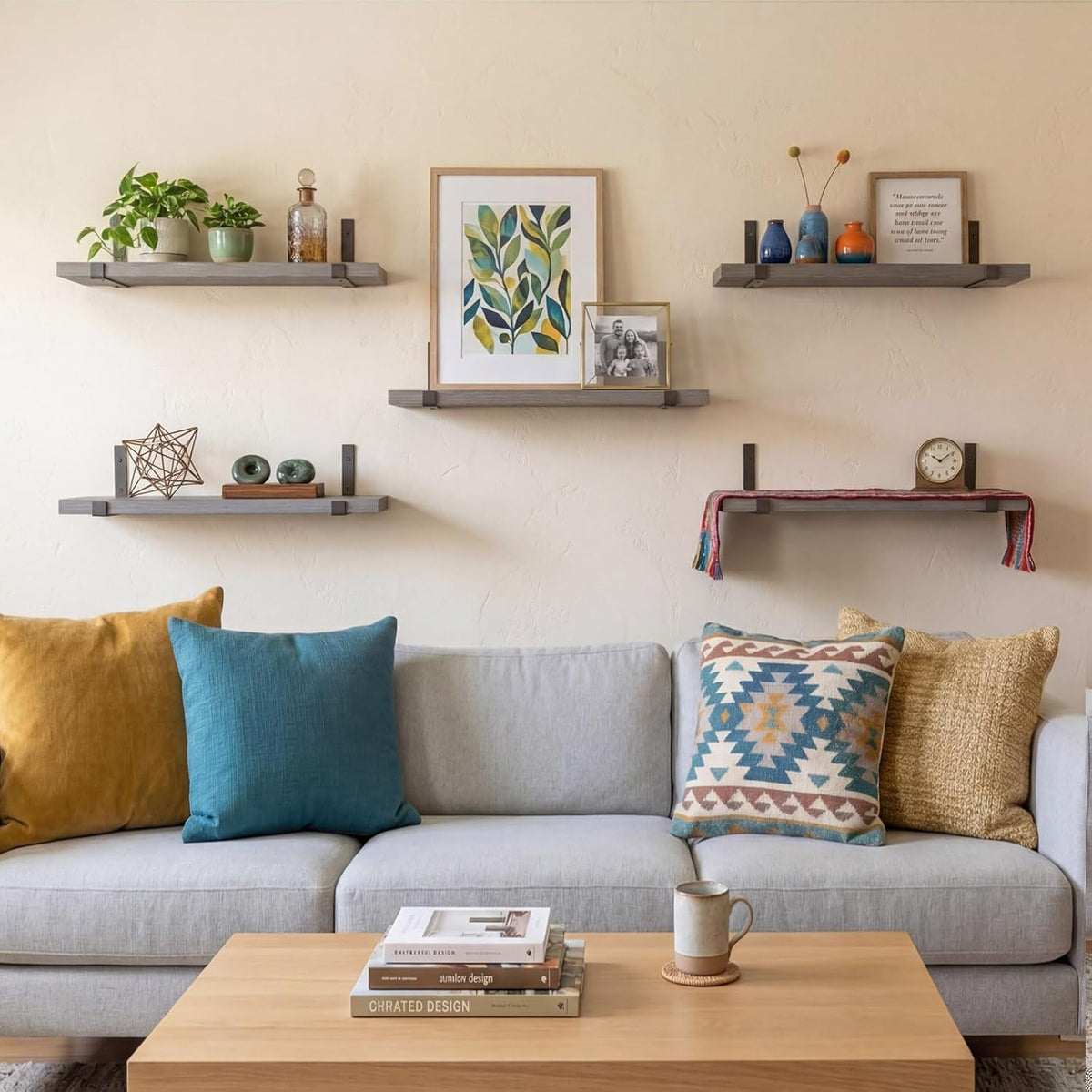Fixwal Wall Shelves for Bedroom Set of 5, Width 4.75 Inches Floating Shelves, Rustic Wood Wall Storage Shelves for Bedroom, Living Room, Kitchen, Bathroom (Grey)