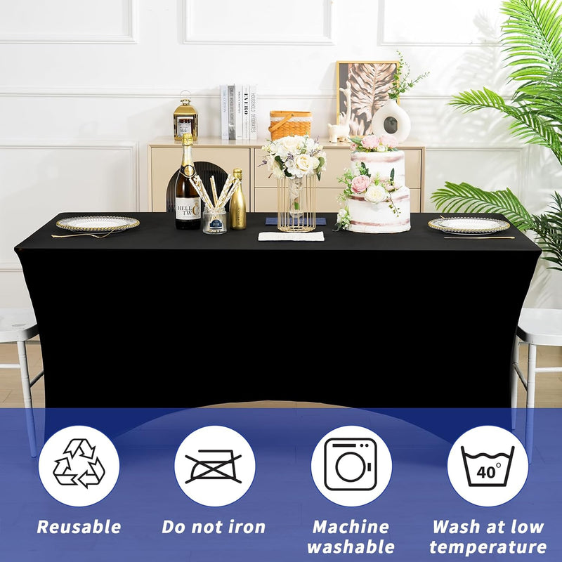 Fixwal 3 Pack Black Table Cloth for 6FT Rectangle Tables, Rectangular Tablecloths Stretch Spandex Fitted Table Covers 6FT for Party, Trade Show, Banquet, Wedding, Buffet, Graduation Decoration