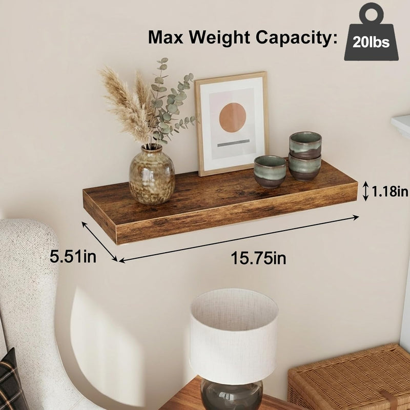 Fixwal Wood Floating Shelves, Wall Shelves Set of 4, Shelves for Wall Decor, with Invisible Brackets for Bathroom, Living Room,Bedroom and Kitchen(15.7in, Rustic Brown)
