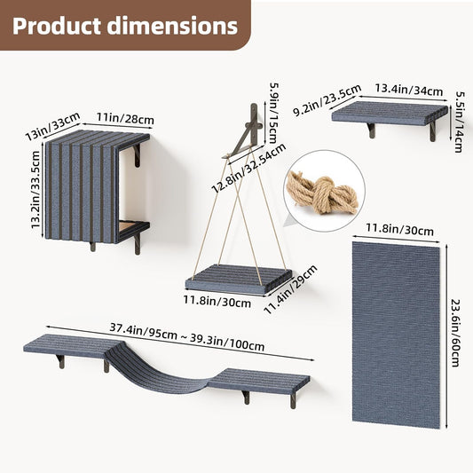 Superlele 5-in-1 Cat Wall Shelves Set, Premium Solid Wood for Stable & Safe, Space Saving Wall Mounted Cat Perch & Steps for Indoor Cats, Modern Wood Cat Walkway, with Interactive Cat Swing