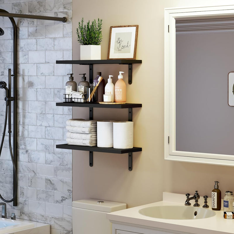 Fixwal Floating Shelves - 4 Set Farmhouse Wood Wall Mounted Shelves for Bedroom & Bathroom Storage, Book Shelf - Black